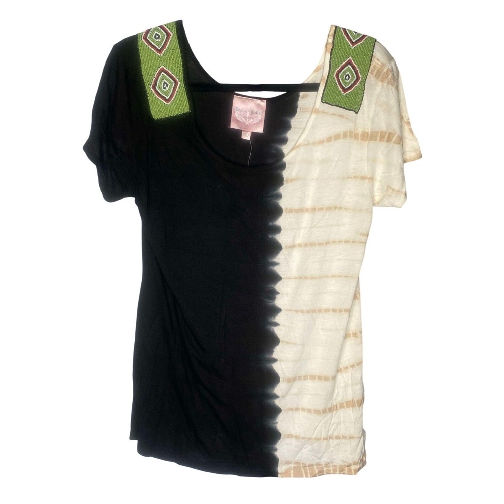 Women's Romeo & Juliet Couture blouse w/tribal beading tie-dye blouse size Large